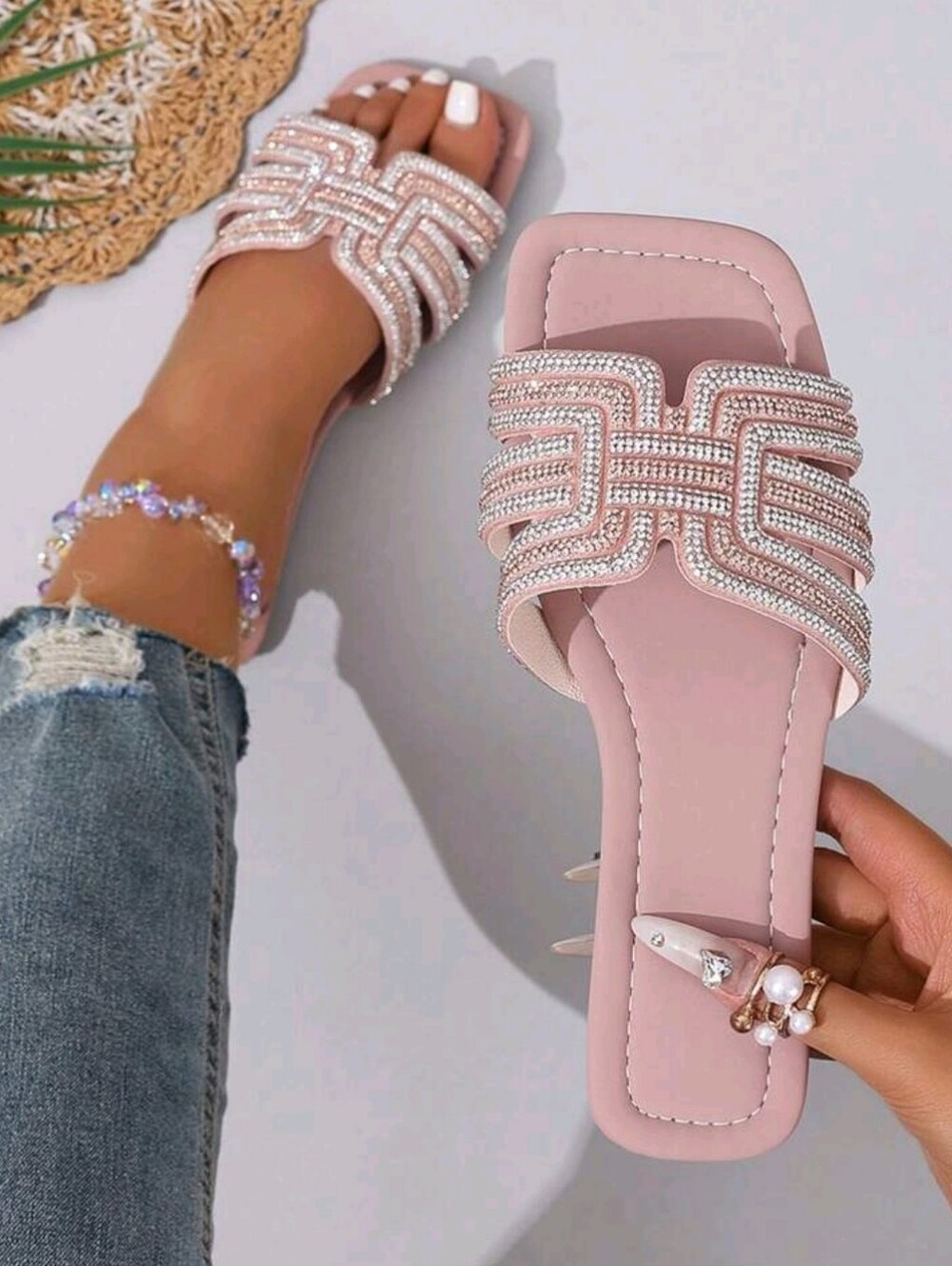 Embellished Blush Pink Rhinestone Slide Sandals